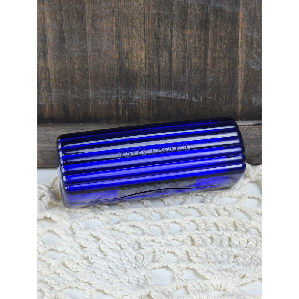 Vintage Estee Lauder Cobalt Blue Ribbed Lipstick Holder Case with Mirror
